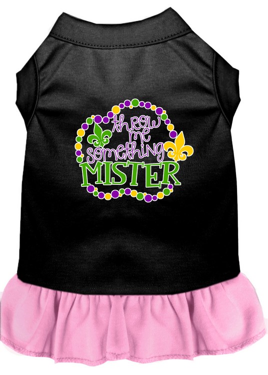 Throw me Something Screen Print Mardi Gras Dog Dress Black with Light Pink XS